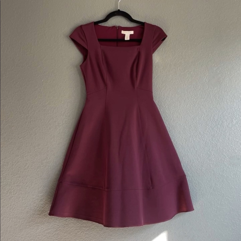 WHBM Burgundy Cap Sleeve A Line Midi Dress